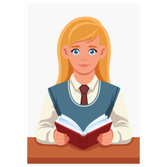 A student is reading a book at her desk. Vector. Cartoon concept of studying, working, practicing and getting a profession, internship in the office.
