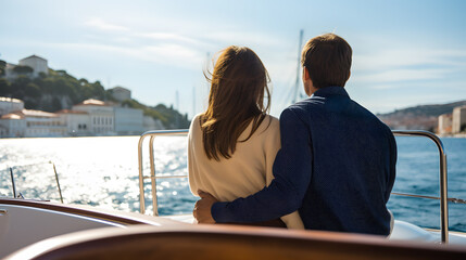 Fototapeta premium Their love is bigger than the ocean. Rearview shot of an affectionate young couple enjoying a boat ride on the lake.