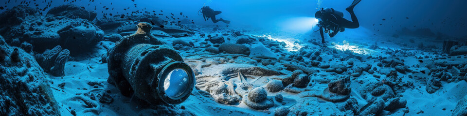 Several scubas are swimming around a large tire underwater
