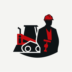 Industrial Harmony: Silhouettes of Worker and Heavy Construction Machine, Symbolizing Collaboration and Progress in Construction.