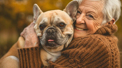 Smiling senior woman with french bulldog dog