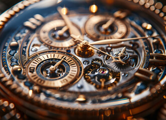 Mechanism clockwork of watch with jewels close-up. Vintage luxury background. Time work concept.