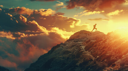 A man stands atop a mountain as the sun sets, casting a warm golden glow over the landscape surrounding him
