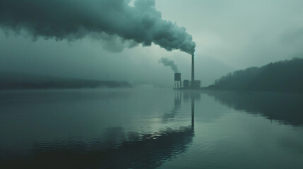 Smoking factory chimney by water - obrazy, fototapety, plakaty