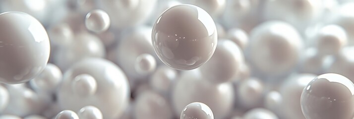 White bubbles floating in pool of liquid against white background, abstract minimalistic concept of purity and tranquility
