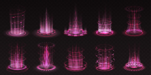 Portals with pink light flashes realistic vector illustration set. Magical power and science 3d elements on black background. Level up template.