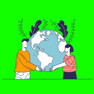 Earth Day: Flat Design 2D Animation Featuring Two People Holding Planet Earth for Environmental Protection and Land Unification
