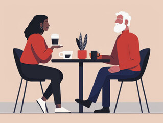 An illustration of two people sitting at a table with drinks, engaged in conversation.