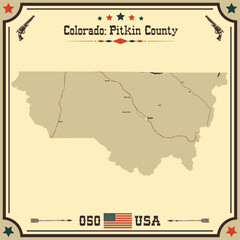 Large and accurate map of Pitkin County, Colorado, USA with vintage colors.