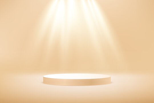 Cream studio room background. Cream cylinder pedestal podium. Abstract studio room platform design. Empty room with natural light effect. stand for products.