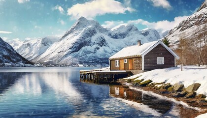 Wallpapers Cozy cabin nestled along the Norwegian fjords, surrounded by snow-capped peaks. - obrazy, fototapety, plakaty