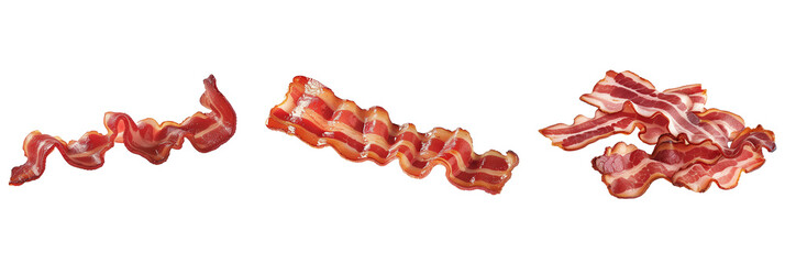 3 different preparations of bacon, each illustrating a different level of crispness, celebrating this beloved breakfast staple, isolated on transparent background - obrazy, fototapety, plakaty