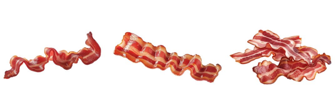 3 different preparations of bacon, each illustrating a different level of crispness, celebrating this beloved breakfast staple, isolated on transparent background