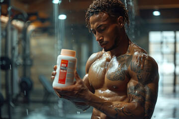 A man is holding a bottle of Muscle Milk in a gym