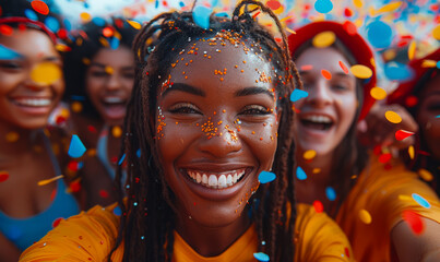 Cheerful african american woman taking selfie during carnival. Group of friends having fun at carnival party. - obrazy, fototapety, plakaty