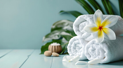 Spa composition. Rolled towels and plumeria flowers 