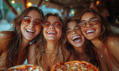 Four young women taking selfie while eating pizza