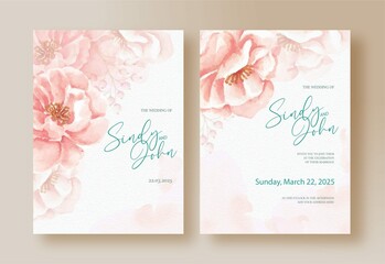 Fototapeta na wymiar Wedding Invitation Card With Big One Watercolor Peach Flower Background Template