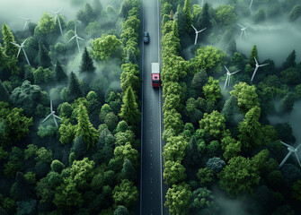 Aerial top view of a car and a hydrogen energy truck driving on a highway road in a lush green forest, accompanied by wind mills