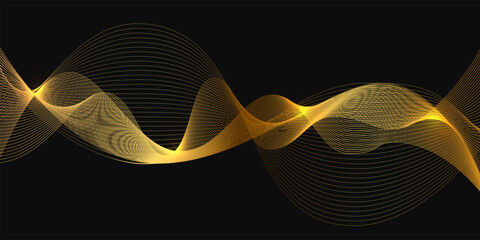 Gold abstract waves, golden line landscape vector illustration isolated on black background. Luxury glitter shiny swirls pattern. Elegant modern design element