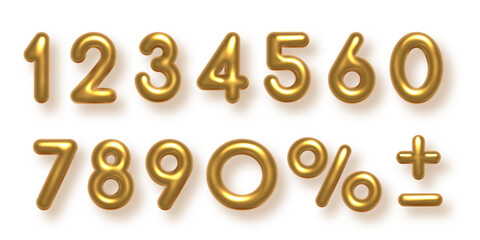 Birthday golden balloon numbers isolated on white background. Set of gold yellow isolated numbers. Bright metallic 3D realistic vector design elements for anniversary, celebration, party, sale, logo