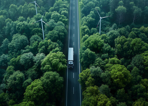 Aerial top view of a car and a hydrogen energy truck driving on a highway road in a lush green forest, accompanied by wind mills