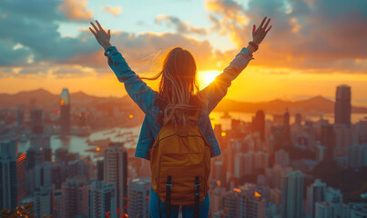 Happy woman stands with raised hands and enjoy the sunset on the top of skyscraper - obrazy, fototapety, plakaty