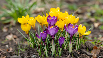 Spring flowers in the garden. Purple and yellow crocus