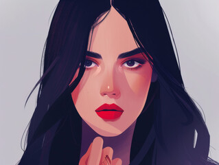 Illustration of a woman with long black hair and red lips, with a contemplative gaze.
