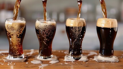 Four stages of a pint of stout from the moment it is poured till it is ready to drink. - obrazy, fototapety, plakaty