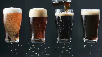 Four stages of a pint of stout from the moment it is poured till it is ready to drink. - obrazy, fototapety, plakaty
