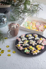 Christmas marshmallows. Winter candy. Sweet food in december. Snowman and Santa Claus