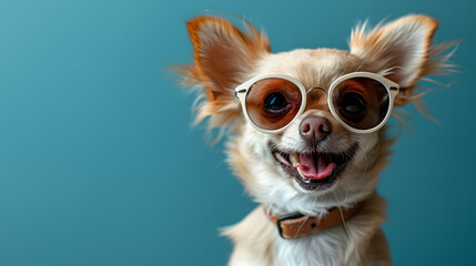 brown chihuahua dog wearing sunglasses sitting with copy space.