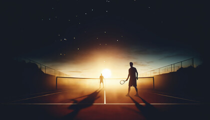 Tennis Players Silhouette at Sunrise - obrazy, fototapety, plakaty