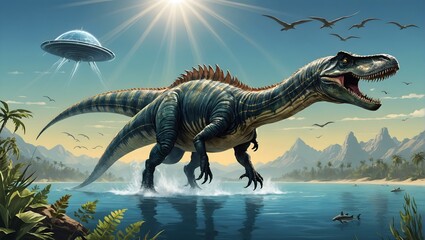 Prehistoric Dinosaur Hunt: A Spinosaurus' Chase by a UFO