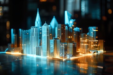 Futuristic cityscape hologram floating in air