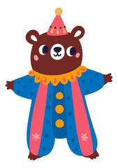 Funny bear in clown costume. Circus animal character