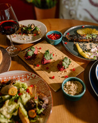 Eastern cuisine. Georgian fresh salad. Georgian national cuisine, food on the table in the restaurant. Oriental food. Authentic traditional meals