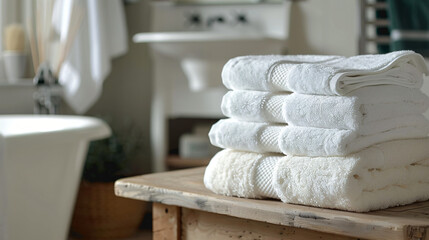 Stacked terry towels on table in bathroom - obrazy, fototapety, plakaty