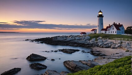 Fototapeta na wymiar Serene Lighthouse at Twilight, Guiding Light of the Rugged Coast