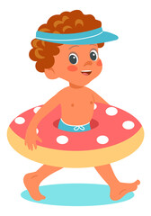 Happy boy walk with pool ring. Cartoon summer kid