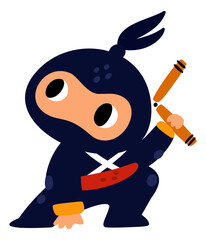 Little ninja with nunchaku. Japanese warrior cute character