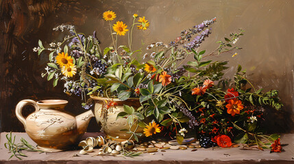 Fototapeta na wymiar Still life with medicinal herbs and flowers