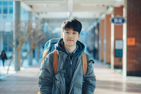 Happy university student going on a class at the university and looking at camera.