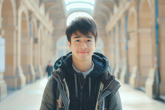 Happy university student going on a class at the university and looking at camera.
