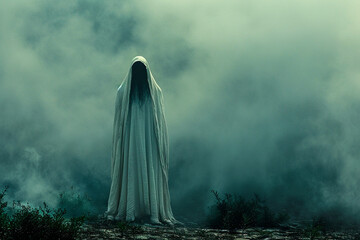 A ghostly figure shrouded in a sheet stands in a foggy, mysterious landscape.