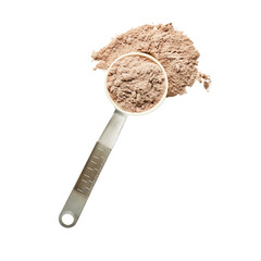 A scoop of whey protein powder on a measuring spoon, ready for blending into a nutritious shake, symbolizing fitness and recovery, isolated on transparent background - obrazy, fototapety, plakaty