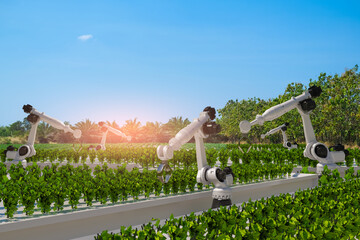 Robotics arm organic farm robot machine processing hand machinery factory green nature plant garden...