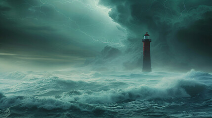 Fototapeta na wymiar Stormy sea with tall lighthouse With copyspace for text