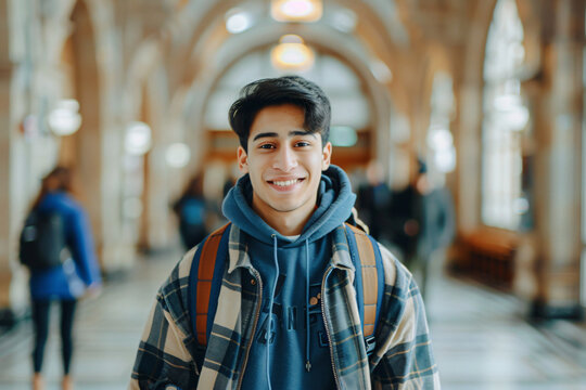Happy university student going on a class at the university and looking at camera.